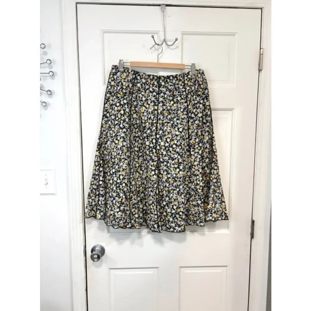 Cottagecore Floral Lemon Print‎ Midi Skirt Sz L Lined Cotton Daisy Coquette Boho